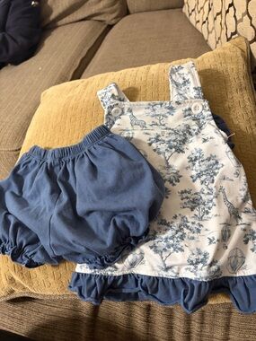 Blue Toile Baby Dress Set - Blue and White